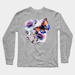 Watercolor Burretfly on a Thistle Long Sleeve T-Shirt